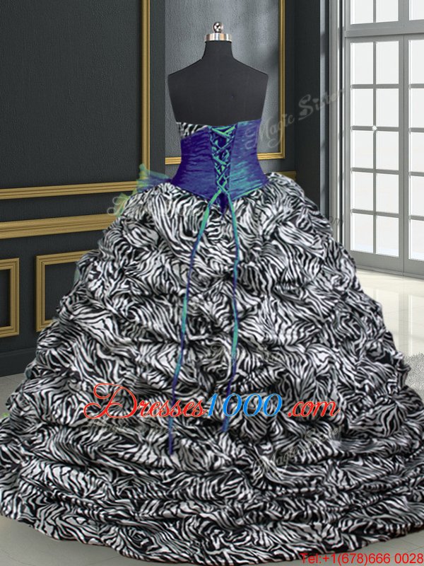 Fabulous Printed With Train Lace Up Quinceanera Dresses Blue and In for Military Ball and Sweet 16 and Quinceanera with Beading and Ruffles and Pattern