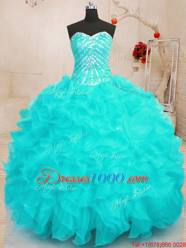 Shining Organza Sleeveless Floor Length Sweet 16 Dress and Beading and Ruffles and Sequins