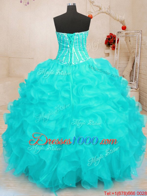 Shining Organza Sleeveless Floor Length Sweet 16 Dress and Beading and Ruffles and Sequins