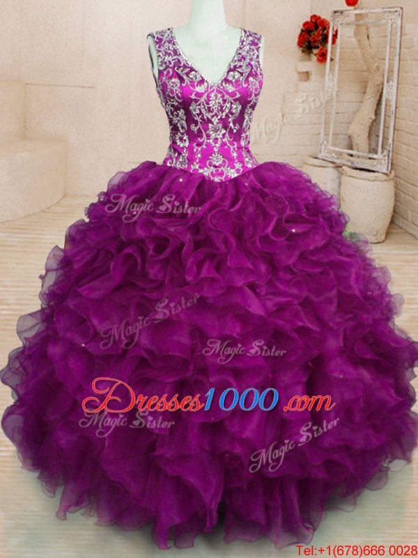 Elegant Fuchsia Sleeveless Beading and Embroidery and Ruffles Floor Length Sweet 16 Quinceanera Dress