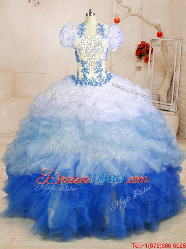 Elegant Multi-color Organza Lace Up Sweetheart Sleeveless With Train Quinceanera Gowns Beading and Appliques and Ruffles