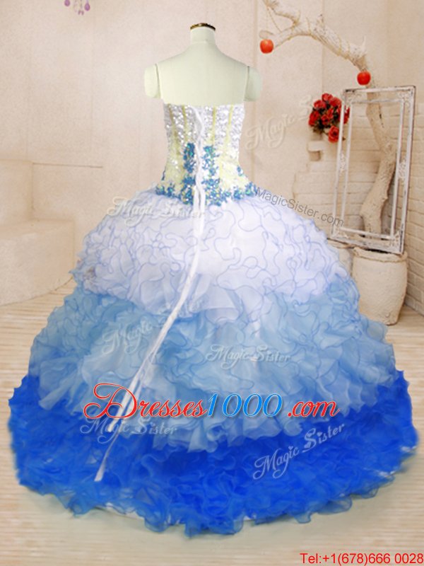 Elegant Multi-color Organza Lace Up Sweetheart Sleeveless With Train Quinceanera Gowns Beading and Appliques and Ruffles