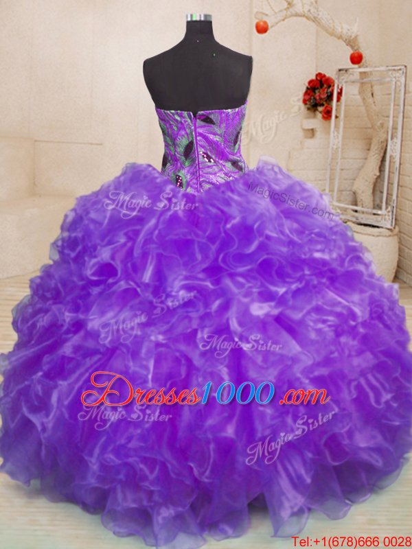 Purple Organza Zipper Quinceanera Gowns Sleeveless Floor Length Beading and Appliques and Ruffles