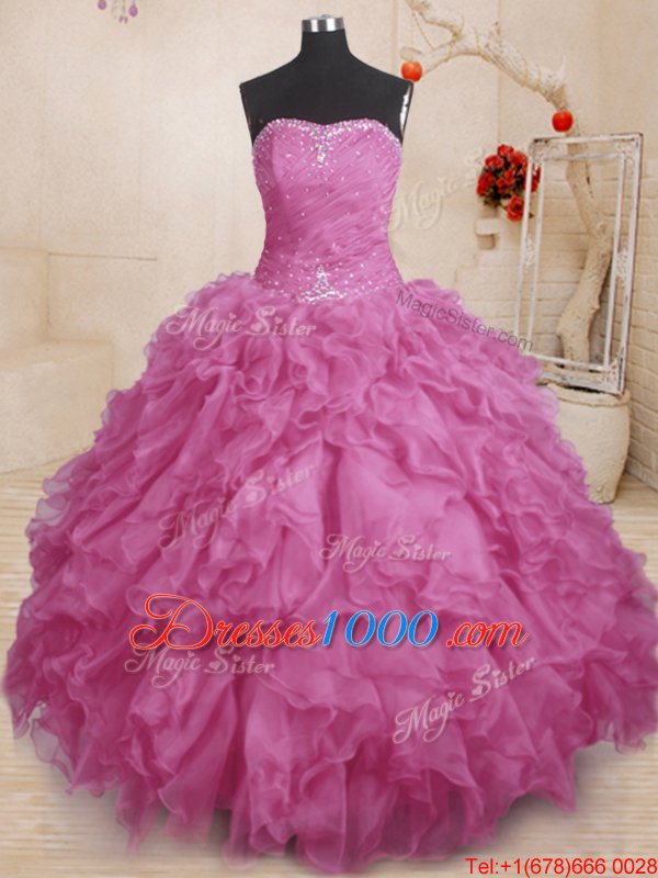Glamorous Fuchsia Organza Lace Up Strapless Sleeveless Floor Length 15 Quinceanera Dress Beading and Ruffles and Ruching