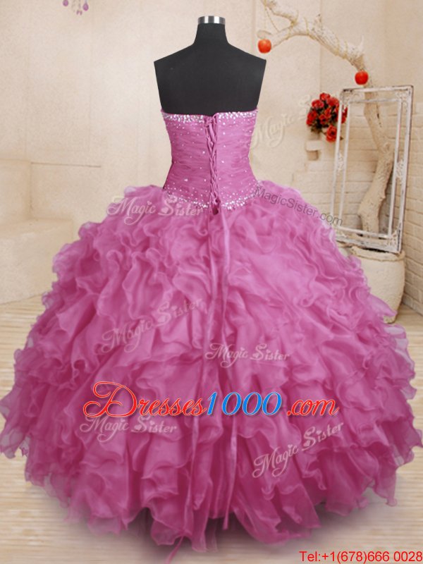 Glamorous Fuchsia Organza Lace Up Strapless Sleeveless Floor Length 15 Quinceanera Dress Beading and Ruffles and Ruching