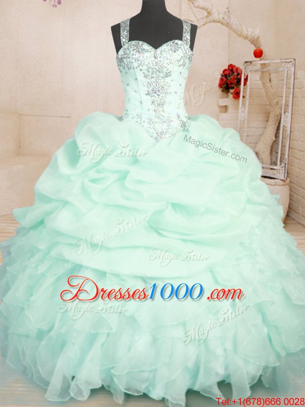 Sleeveless Floor Length Beading and Ruffles and Pick Ups Zipper Ball Gown Prom Dress with Apple Green