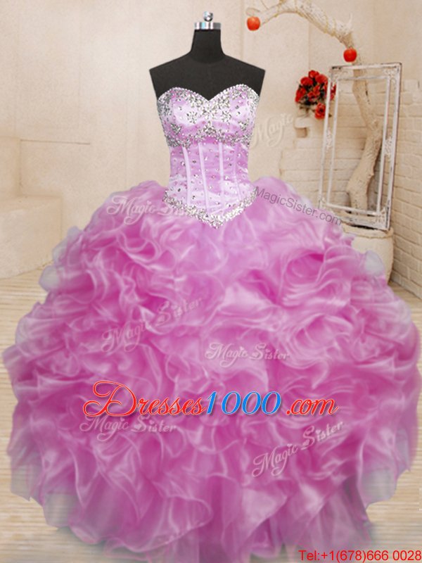 Sleeveless Floor Length Beading and Ruffles Lace Up Sweet 16 Dresses with Lilac