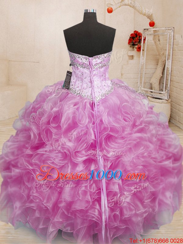 Sleeveless Floor Length Beading and Ruffles Lace Up Sweet 16 Dresses with Lilac
