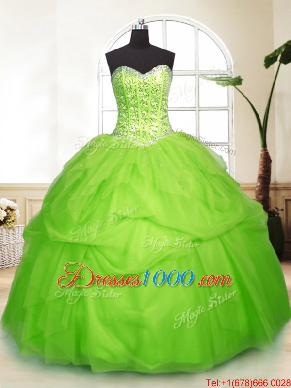 Most Popular Tulle Lace Up Quinceanera Dress Sleeveless Floor Length Sequins and Pick Ups