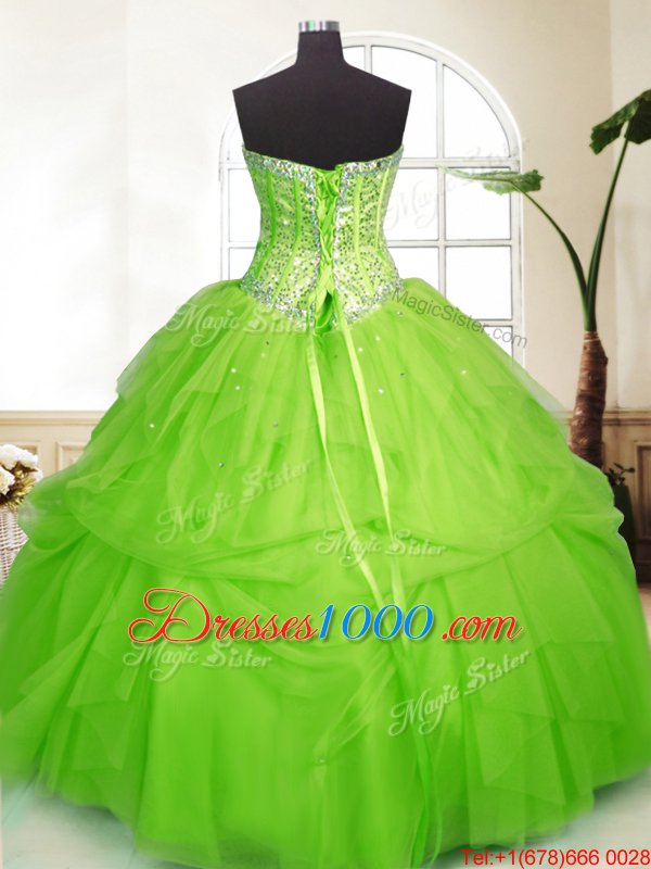 Most Popular Tulle Lace Up Quinceanera Dress Sleeveless Floor Length Sequins and Pick Ups