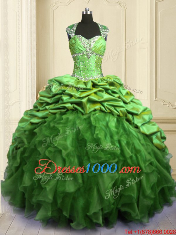 High Quality Floor Length Quinceanera Dresses Organza and Taffeta Brush Train Cap Sleeves Beading and Ruffles and Pick Ups