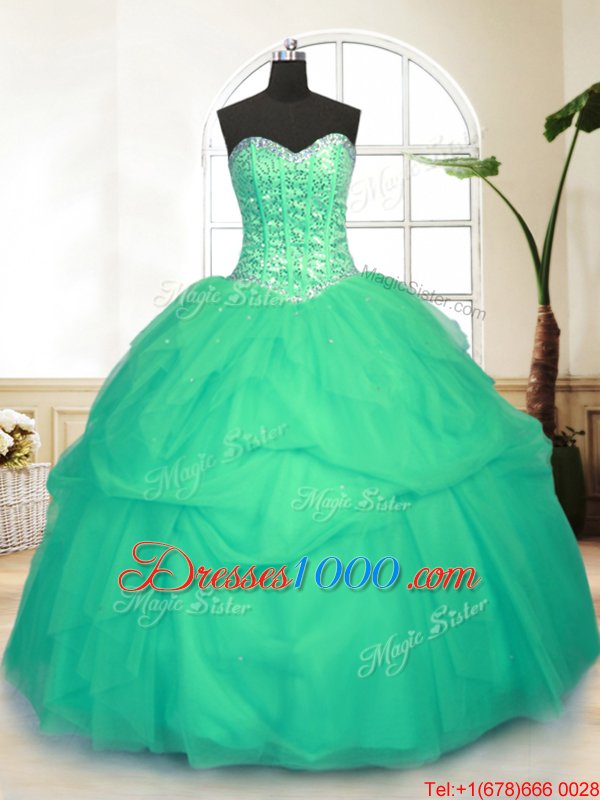 Green Sleeveless Sequins and Pick Ups Floor Length Quinceanera Gown