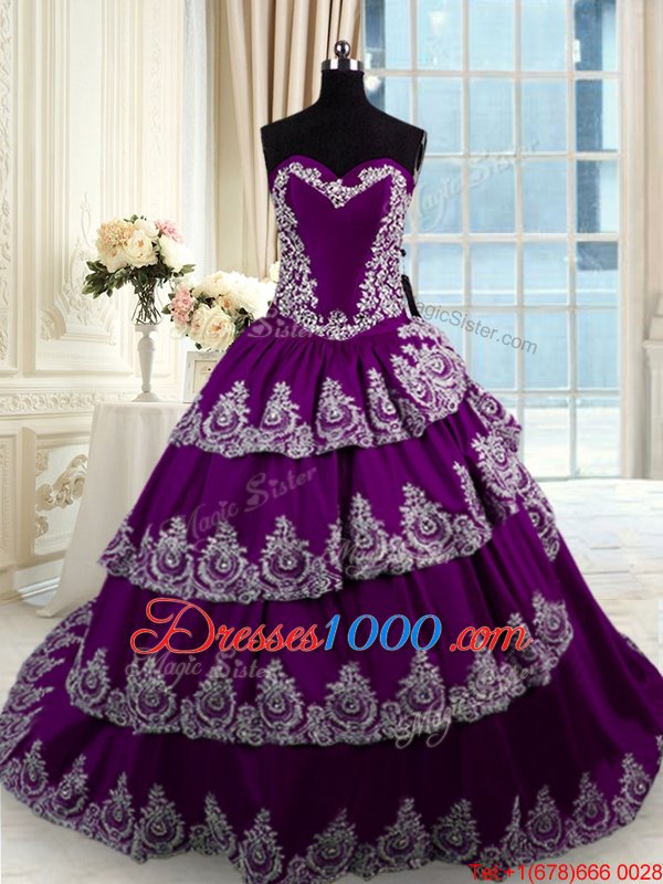 With Train Lace Up Quinceanera Gown Purple and In for Military Ball and Sweet 16 and Quinceanera with Beading and Appliques and Ruffled Layers Court Train