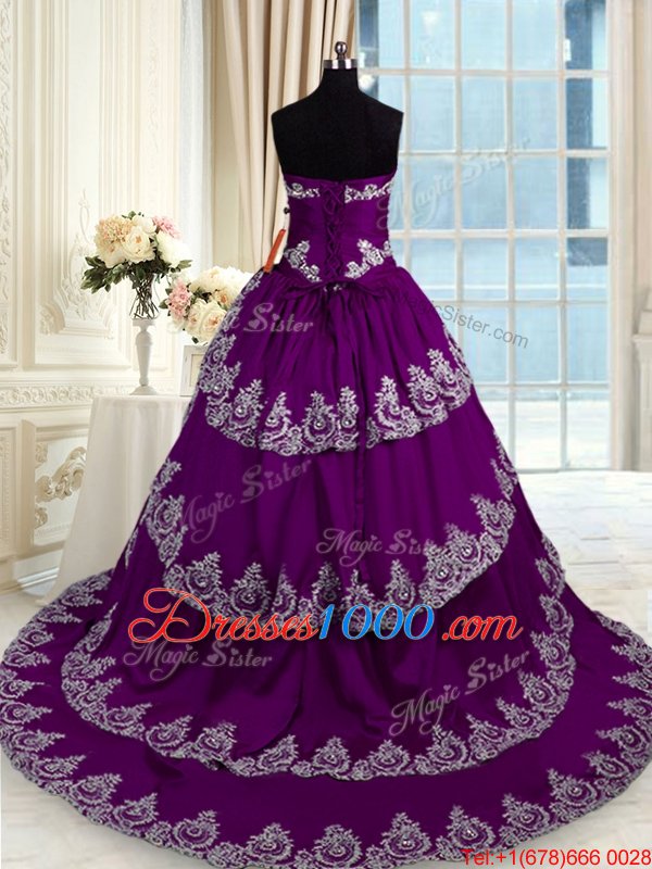 With Train Lace Up Quinceanera Gown Purple and In for Military Ball and Sweet 16 and Quinceanera with Beading and Appliques and Ruffled Layers Court Train