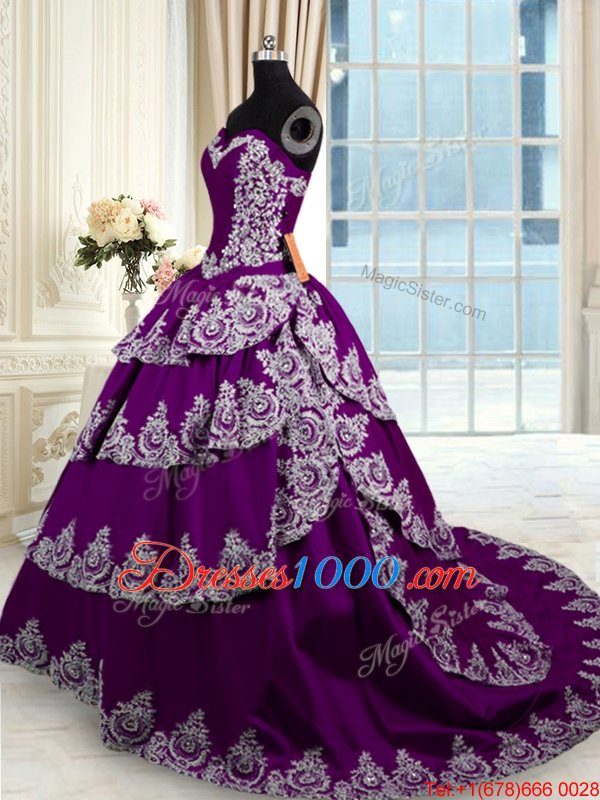 With Train Lace Up Quinceanera Gown Purple and In for Military Ball and Sweet 16 and Quinceanera with Beading and Appliques and Ruffled Layers Court Train