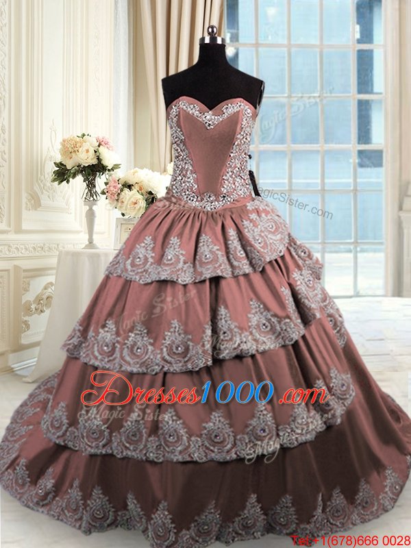 Taffeta Sweetheart Sleeveless Court Train Lace Up Beading and Appliques and Ruffled Layers Sweet 16 Dress in Brown