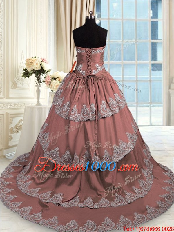 Taffeta Sweetheart Sleeveless Court Train Lace Up Beading and Appliques and Ruffled Layers Sweet 16 Dress in Brown