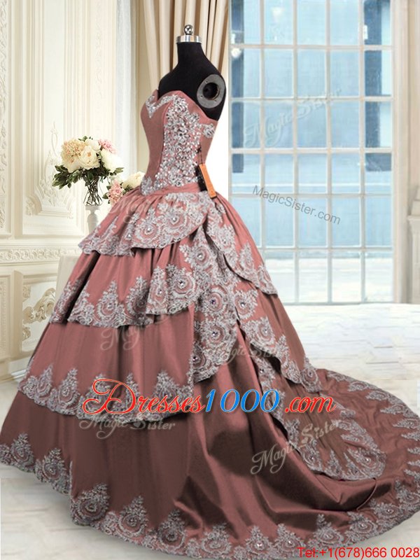 Taffeta Sweetheart Sleeveless Court Train Lace Up Beading and Appliques and Ruffled Layers Sweet 16 Dress in Brown