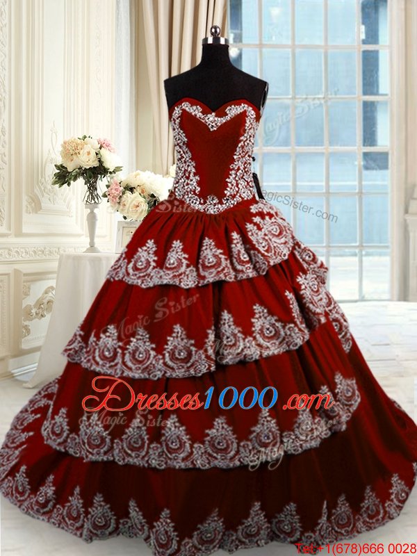 Sumptuous Sleeveless With Train Beading and Appliques and Ruffled Layers Lace Up Quinceanera Dresses with Wine Red Court Train