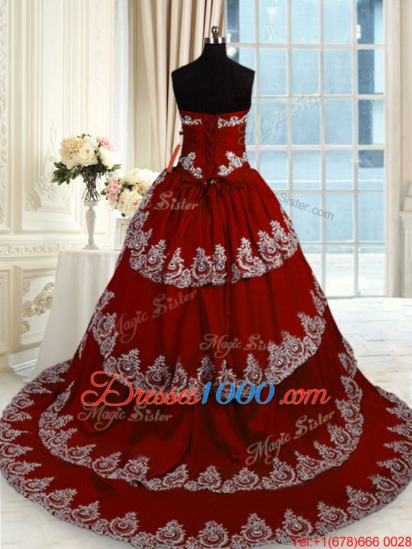 Sumptuous Sleeveless With Train Beading and Appliques and Ruffled Layers Lace Up Quinceanera Dresses with Wine Red Court Train