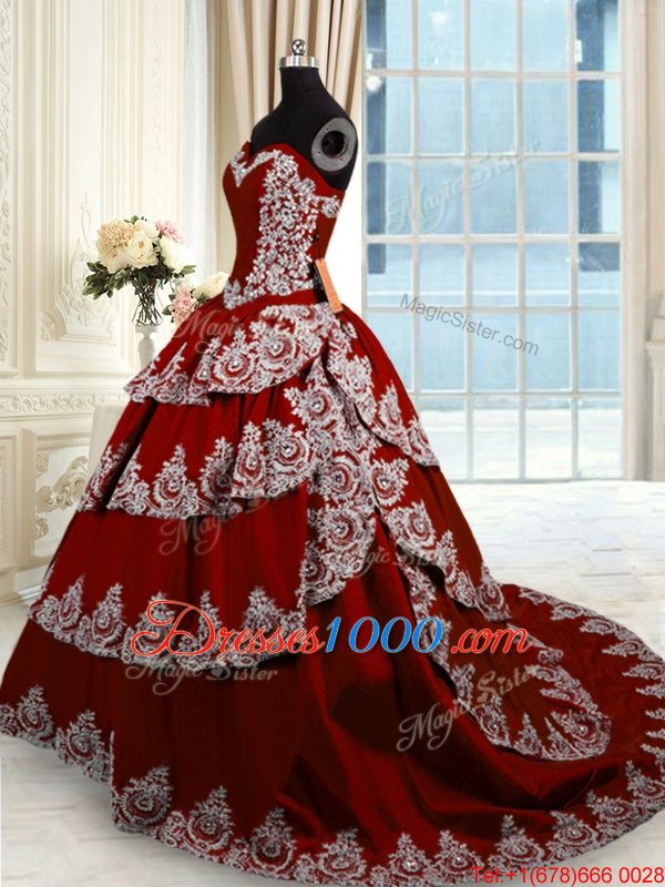 Sumptuous Sleeveless With Train Beading and Appliques and Ruffled Layers Lace Up Quinceanera Dresses with Wine Red Court Train