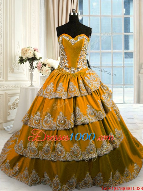 Smart Sleeveless With Train Beading and Appliques and Ruffled Layers Lace Up Quince Ball Gowns with Brown Court Train