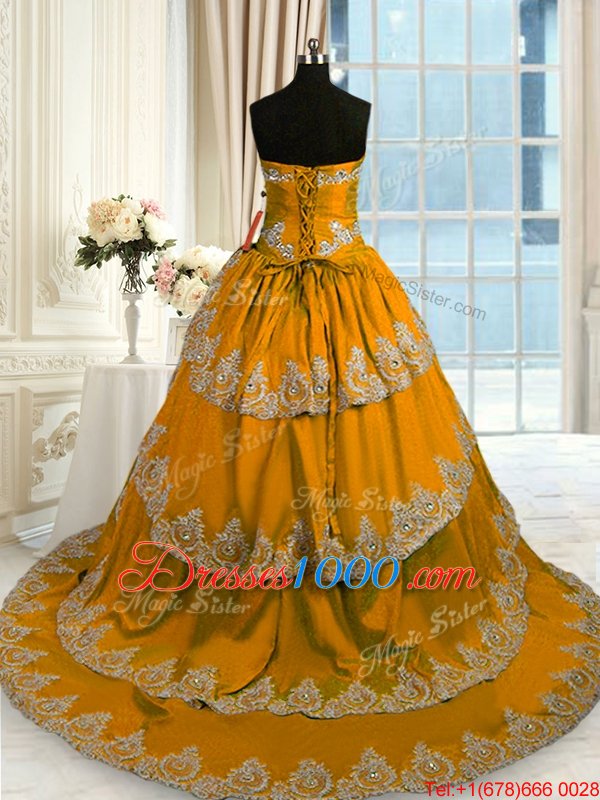 Smart Sleeveless With Train Beading and Appliques and Ruffled Layers Lace Up Quince Ball Gowns with Brown Court Train