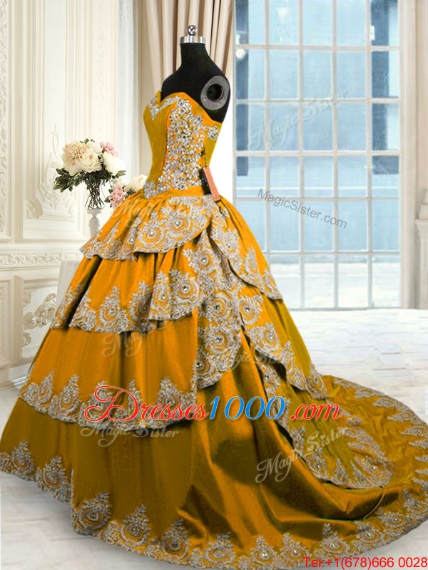 Smart Sleeveless With Train Beading and Appliques and Ruffled Layers Lace Up Quince Ball Gowns with Brown Court Train