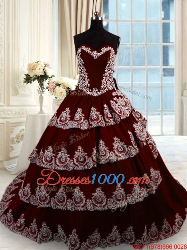 Ruffled Wine Red Sleeveless Taffeta Court Train Lace Up Quinceanera Dress for Military Ball and Sweet 16 and Quinceanera