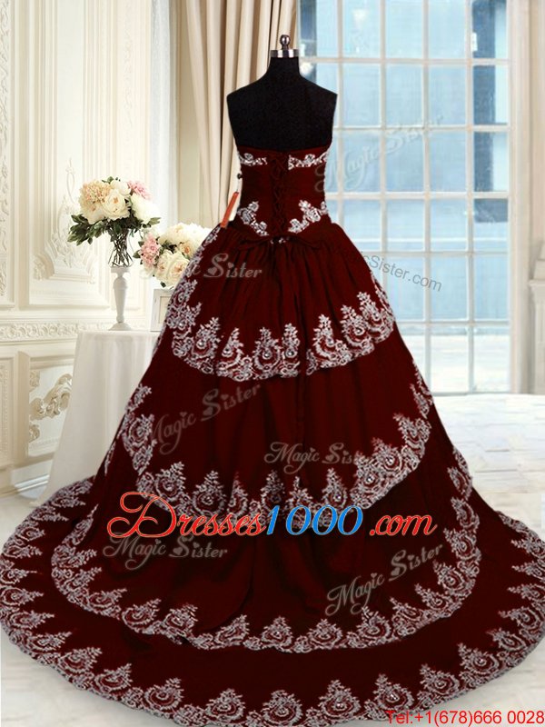 Ruffled Wine Red Sleeveless Taffeta Court Train Lace Up Quinceanera Dress for Military Ball and Sweet 16 and Quinceanera