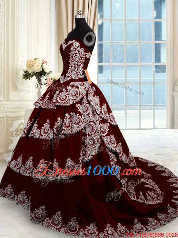 Ruffled Wine Red Sleeveless Taffeta Court Train Lace Up Quinceanera Dress for Military Ball and Sweet 16 and Quinceanera