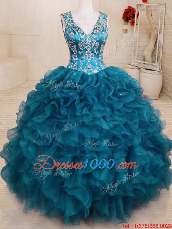 Pretty Teal Organza Backless V-neck Sleeveless Floor Length Vestidos de Quinceanera Beading and Embroidery and Ruffles
