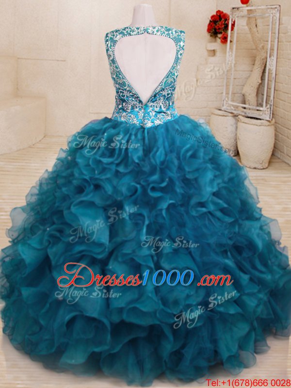 Pretty Teal Organza Backless V-neck Sleeveless Floor Length Vestidos de Quinceanera Beading and Embroidery and Ruffles