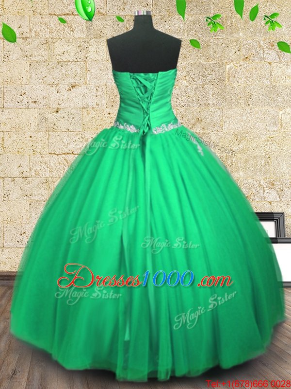 Customized Green Tulle Lace Up Sweet 16 Dresses Sleeveless Floor Length Embroidery and Ruching