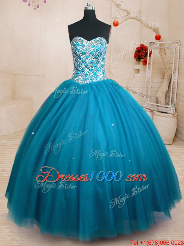 Elegant Beading Quinceanera Dress Teal Lace Up Sleeveless Floor Length
