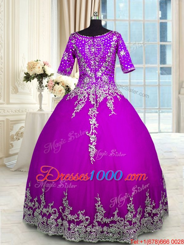 Enchanting Half Sleeves Floor Length Appliques and Ruffled Layers Zipper Sweet 16 Quinceanera Dress with Purple