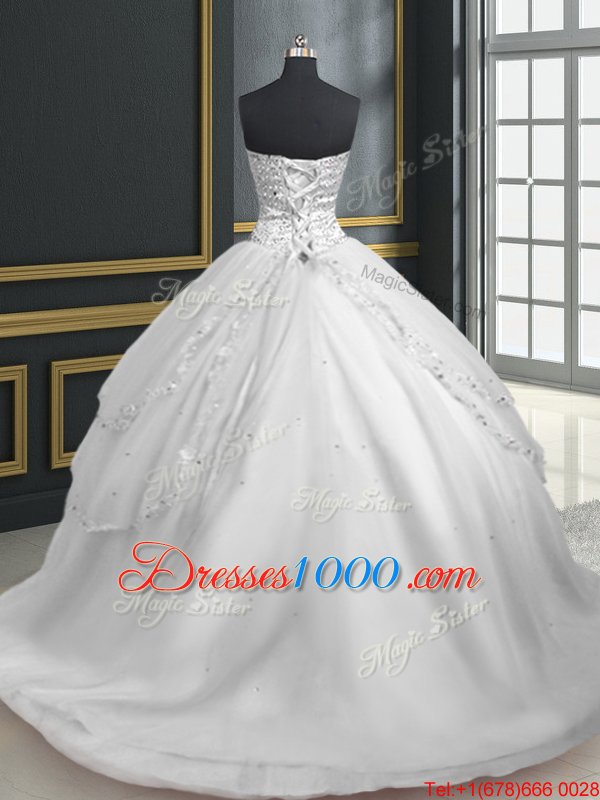 Sumptuous White Sleeveless With Train Beading and Appliques Lace Up Quinceanera Dresses