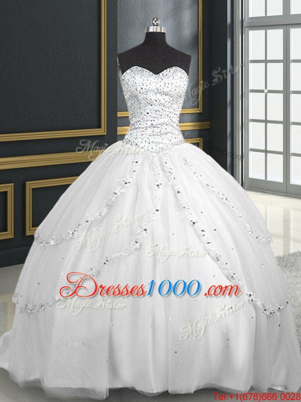 Sumptuous White Sleeveless With Train Beading and Appliques Lace Up Quinceanera Dresses