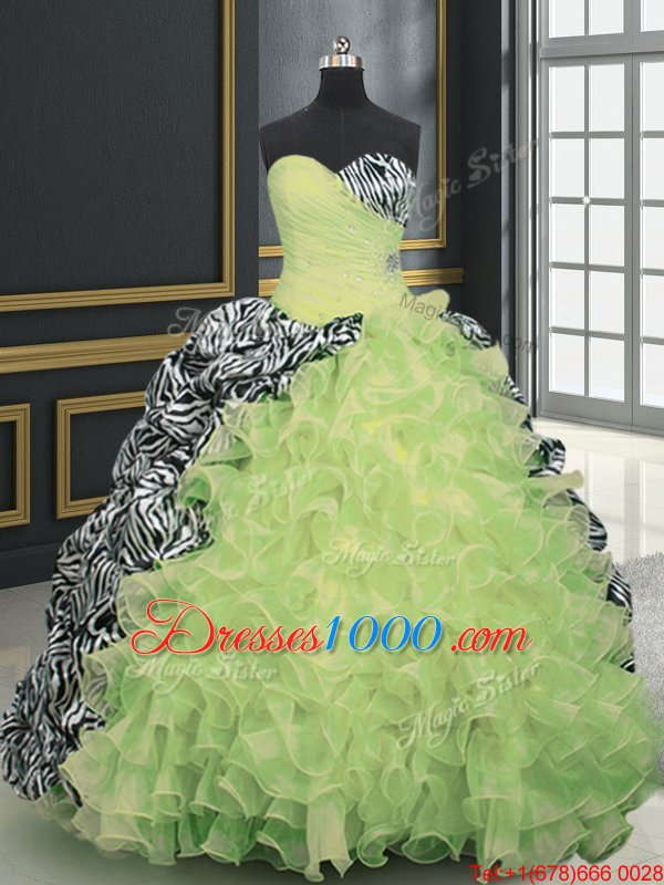 With Train Yellow Green Vestidos de Quinceanera Organza and Printed Brush Train Sleeveless Beading and Ruffles and Pattern