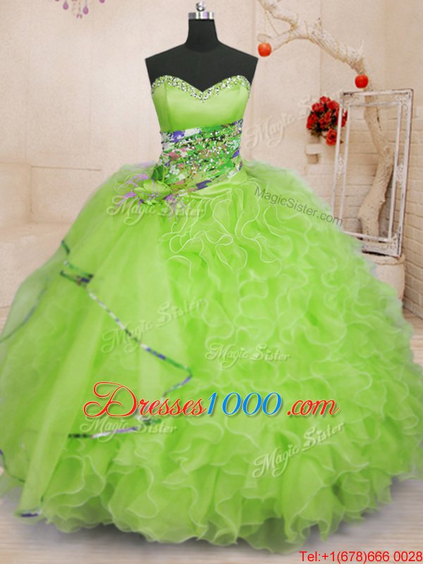 Sleeveless Organza Floor Length Lace Up Quinceanera Dress in Yellow Green for with Beading and Ruffles