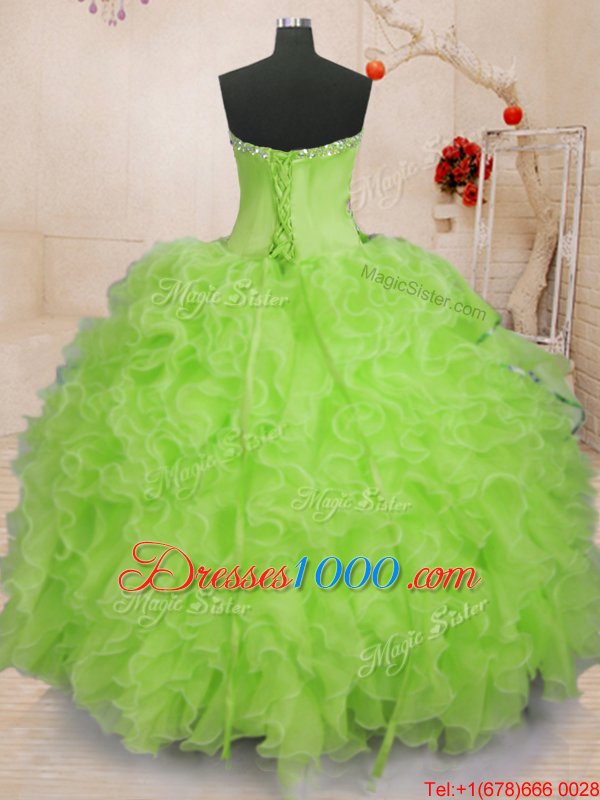 Sleeveless Organza Floor Length Lace Up Quinceanera Dress in Yellow Green for with Beading and Ruffles