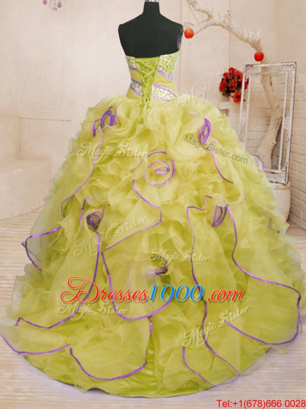 Wonderful Sleeveless With Train Beading and Ruffles Lace Up Sweet 16 Dresses with Yellow Brush Train