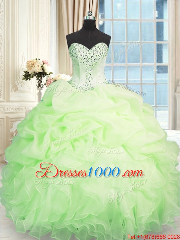 Simple Organza Sweetheart Sleeveless Lace Up Beading and Ruffles 15 Quinceanera Dress in Apple Green