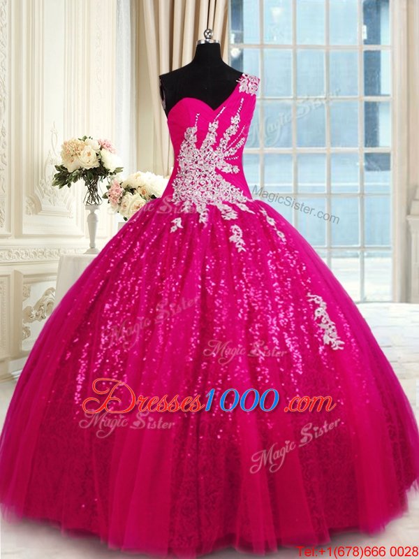Deluxe One Shoulder Tulle and Sequined Sleeveless Floor Length Quinceanera Dress and Appliques