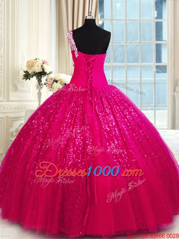 Deluxe One Shoulder Tulle and Sequined Sleeveless Floor Length Quinceanera Dress and Appliques