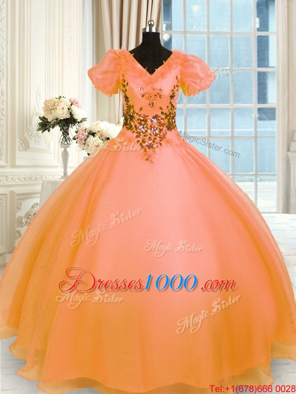 Ball Gowns Sweet 16 Quinceanera Dress Orange V-neck Organza Short Sleeves Floor Length Lace Up