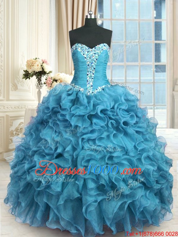 Floor Length Baby Blue Vestidos de Quinceanera Organza Sleeveless Beading and Ruffles