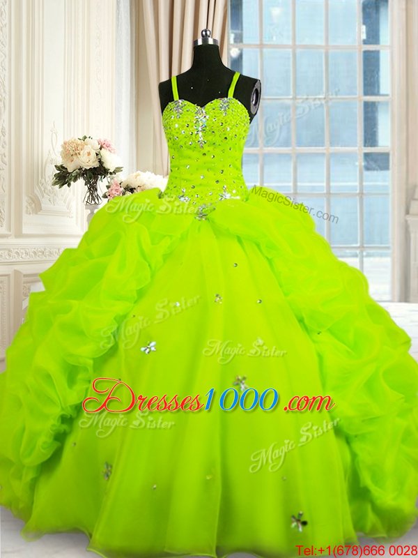 Organza Spaghetti Straps Sleeveless Lace Up Beading and Pick Ups Vestidos de Quinceanera in Yellow Green