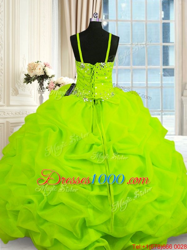 Organza Spaghetti Straps Sleeveless Lace Up Beading and Pick Ups Vestidos de Quinceanera in Yellow Green