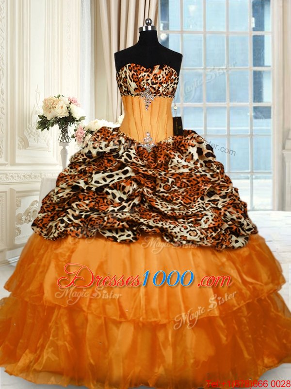 Stylish Organza and Printed Sleeveless Quince Ball Gowns Sweep Train and Beading and Ruffled Layers